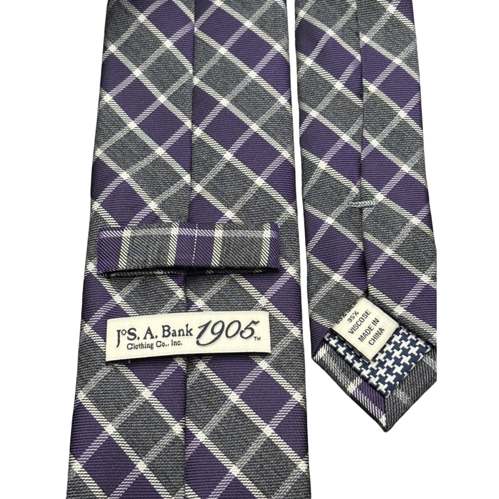 JOS A Bank 1905 Mens Purple Gray Plaid Silk Blend Necktie